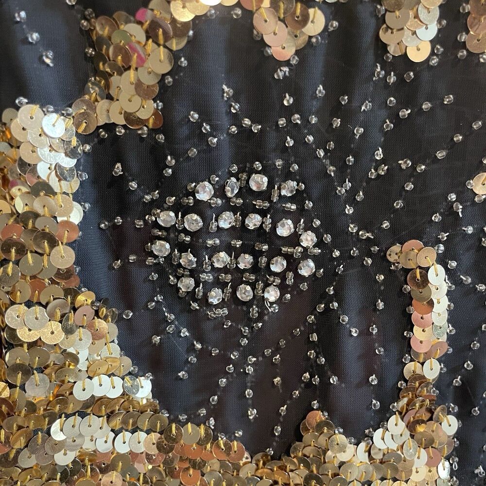 70s 80s Vintage Top Black Gold Sequins Disco Retro Art Deco M / L Women Floral - Picture 9 of 9